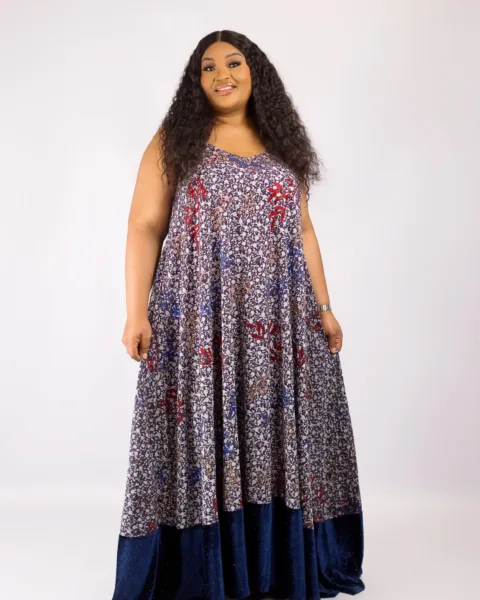 Well-Embellished Toun Dress In Multi-Color And Navy Blue Suede Mix