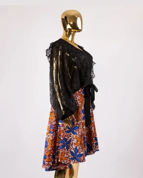 Well-Embellished Hi-Lo Bella Skirt In Coral And Blue Mix